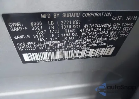 2019 Subaru Ascent Premium from USA, damaged, VIN 4S4WMAFDXK3430839